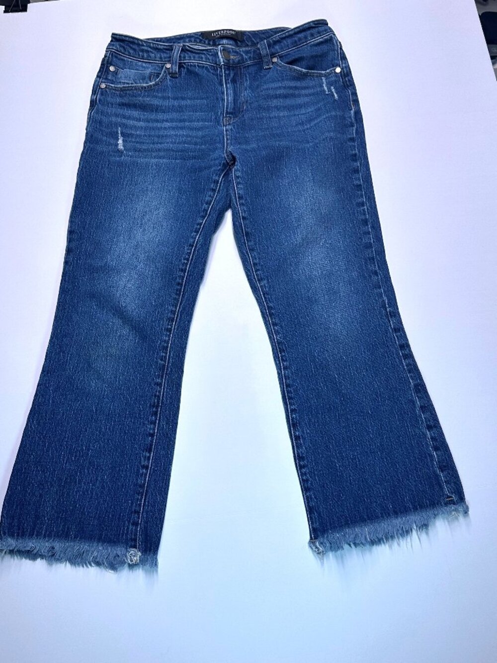 Liverpool Hannah Crop Flare Jeans Size 4 / 27 Oceana Frayed Raw Hem Stretch